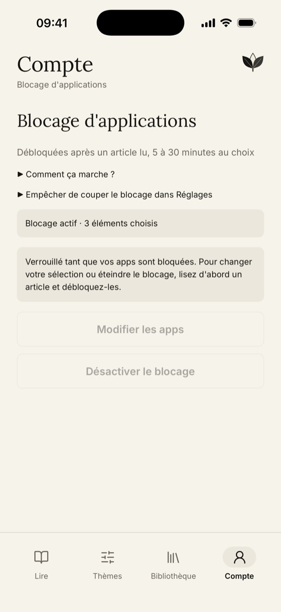 Réglage du blocage d'applications dans Moly