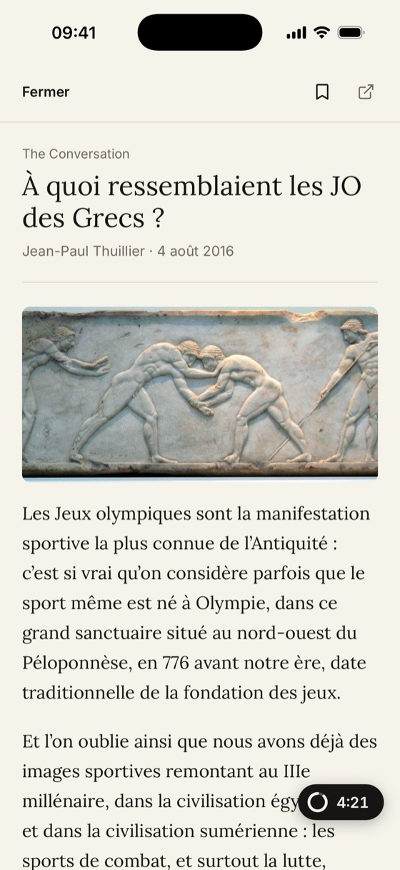 Un article en cours de lecture dans Moly, avec le minuteur de lecture en bas à droite