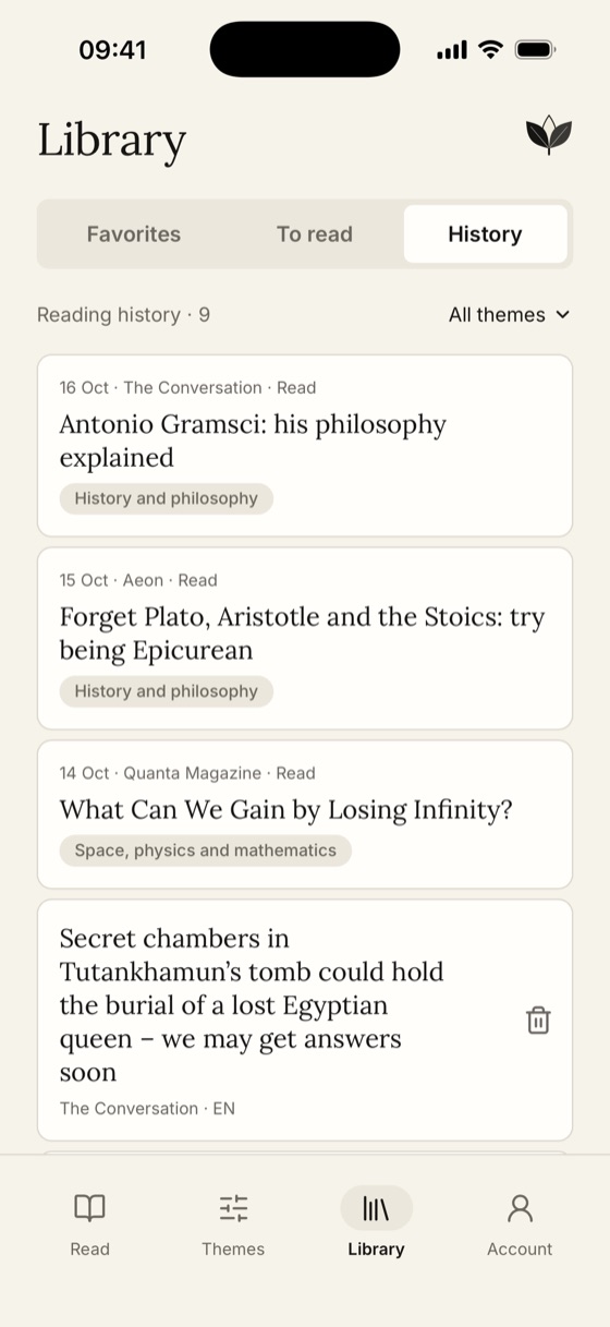 Moly's library showing articles already read