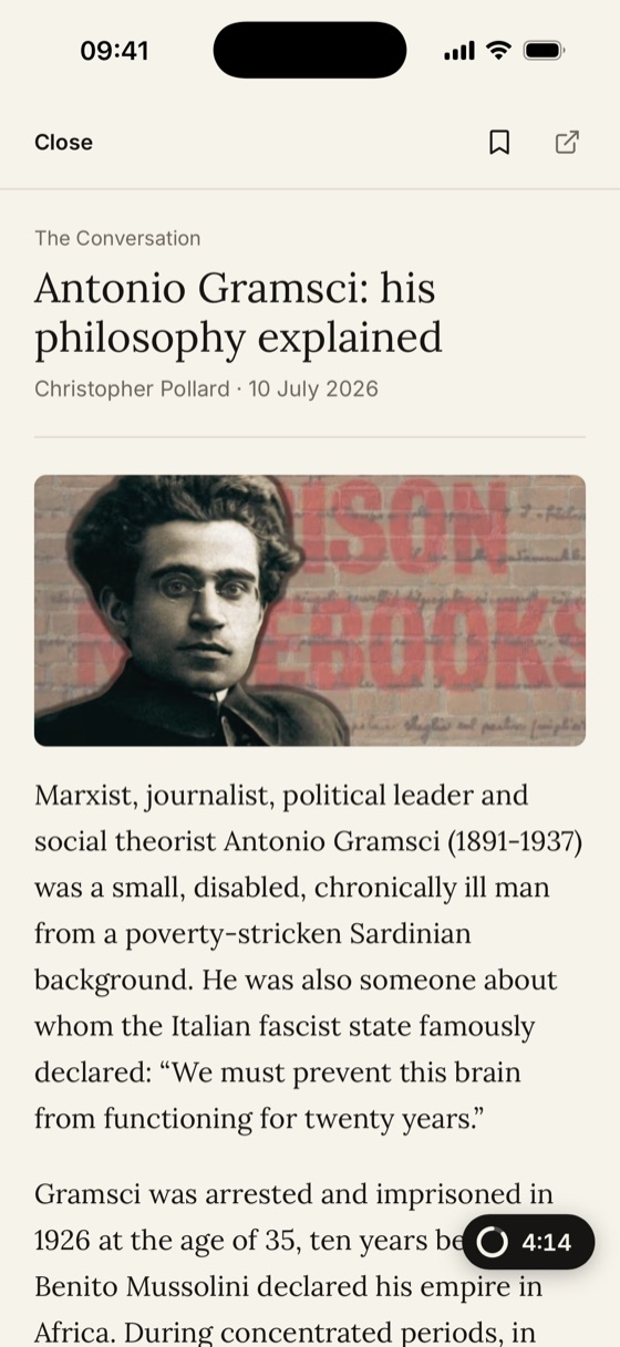 An article being read in Moly, with the reading timer at the bottom right